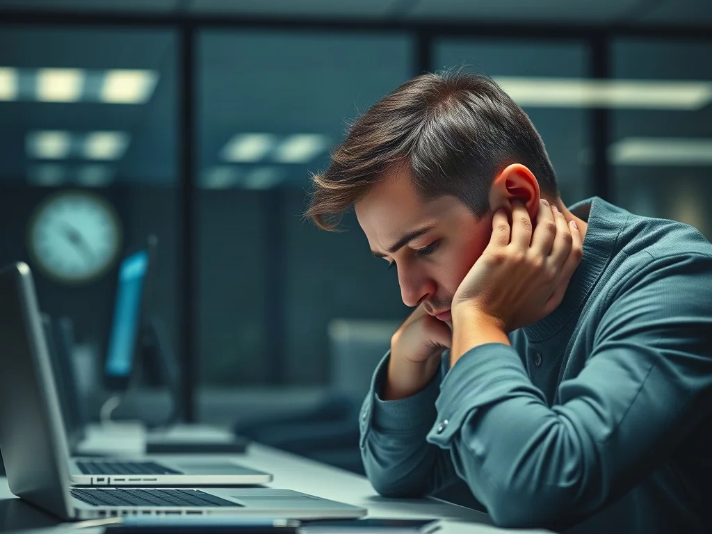 Wyczerpany mężczyzna siedzący przy biurku w biurze późną nocą, obrazujący skutki braku snu i przepracowania.